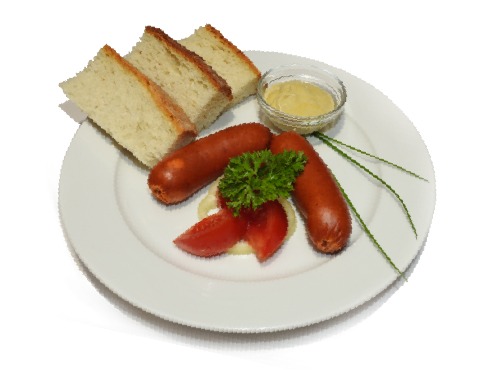 Boiled soft sausage with freshly baked  bread and mustard