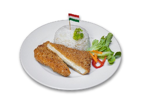 Breaded cheese (made from Hungarian artisan cheese) with jasmine rice