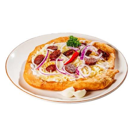 Parasztos lángos kolbásszal Parasztos lángos kolbásszal